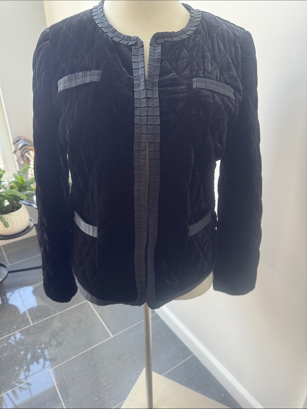 Talbots Black Quilted Velvet Blazer with Trim